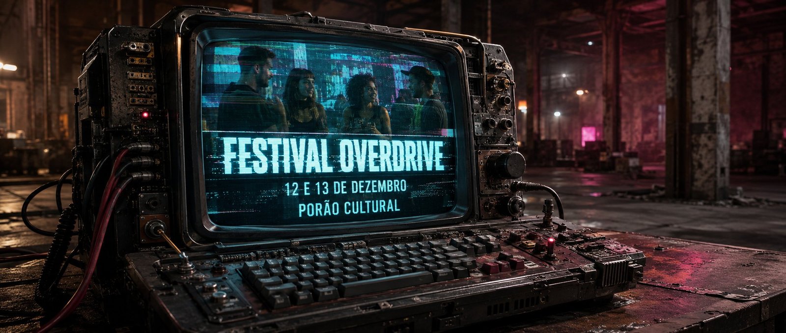 Terminal antigo exibindo o cartaz do Festival Overdrive 2026 — 12 e 13 de dezembro, Porão Cultural